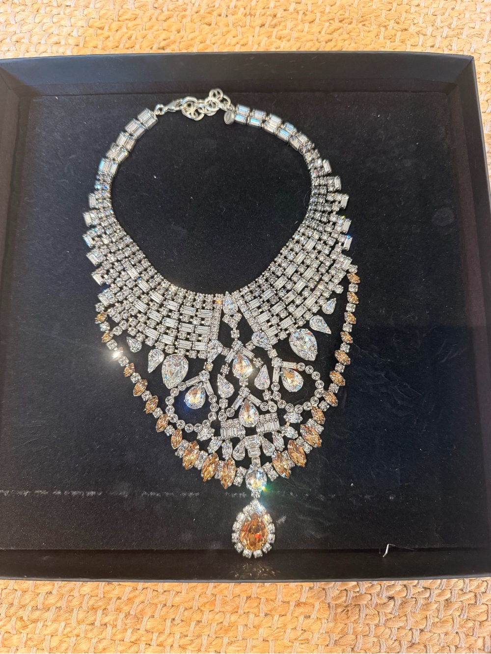 Statement Crystal Bib Necklace - Silver with Champagne Accents